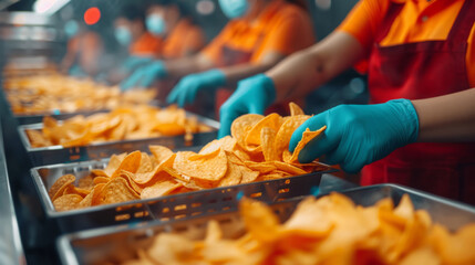 Making fresh crispy chips. Workers fry chips, fried fast food.