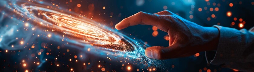 An image illustrating a human finger interacting with spiraling cosmic lights - obrazy, fototapety, plakaty