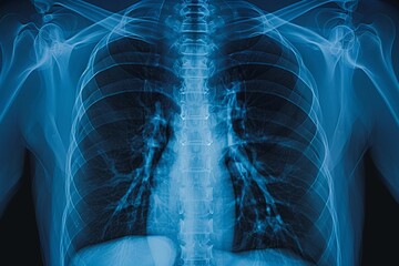 An X-ray image of the human chest showing the bony structures and the silhouette of the lungs and heart.