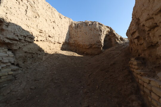 Ancient city of kish , 3100 bc , al-ahmar hill in Babylon in Iraq , ancient ruins with blue sky 