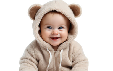 A baby in a bear costume smiling happily