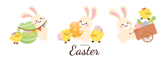 Happy Easter day background vector. Cute wallpaper of lovely rabbit, easter eggs, bunny, flower, decoration, yellow chick. Bunny character illustration for banner, greeting card, social media.