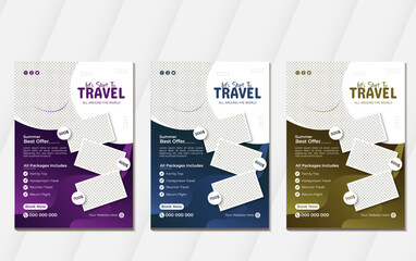 Template design for a modern travel flyer with venue and contact details. Promotional design for summer travel agencies. - obrazy, fototapety, plakaty
