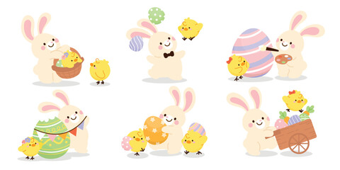 Set of cute easter chicks and rabbit vector. Happy Easter animal element with yellow chicks, lovely rabbit in different pose, easter egg, flower. Bunny character illustration design for clipart.