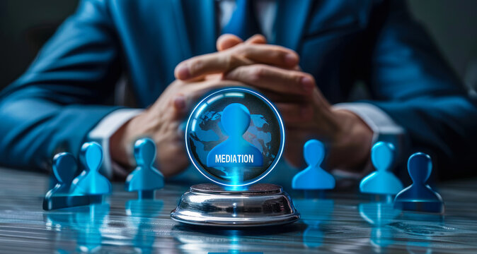 Business professional highlighting mediation as a solution for resolving conflicts and disputes between parties depicted through holographic icons