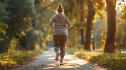 Beautiful overweight woman running outdoors in summer park. Fat lady jogging, Plus size fitness lifestyle. Weight Loss training concept. Active girl runner. Cardio sport workout. Motivation. Back view