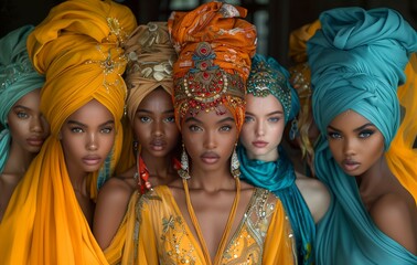 A diverse group of young female models adorned in vibrant, ornate head wraps in a striking array of colors in a cultural fashion photoshoot celebrating ethnic diversity and beauty.