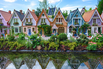 A quaint row of miniature houses, each painted in different pastel colors, with small gardens in...