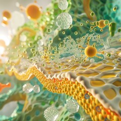 A 3D illustration showing the biochemical interaction at the molecular level between lecithin and skin cells, with emphasis on the exchange of fatty acids for cellular health , vibran