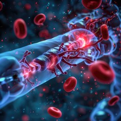 A futuristic 3D illustration of nanorobots injecting calcium into bones through the bloodstream, beneath layers of glowing, healthy skin, symbolizing advanced health technology , 3D illustration