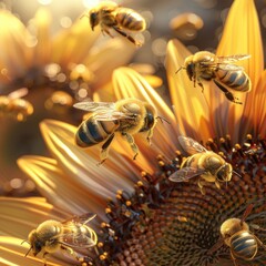 A hyperrealistic 3D scene of honey bees buzzing energetically around a lush, oversized sunflower, with intricate details on the bees wings and the flowers petals , 3D illustration