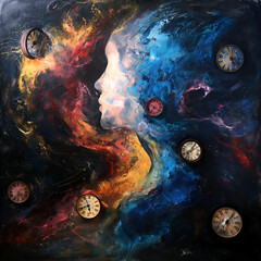 An abstract painting intertwines the cosmos with floating clocks and a fragmented face, creating a...