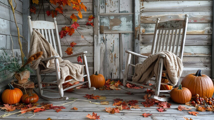 Empty Rocking Chairs on a Porch with Fall Decorations