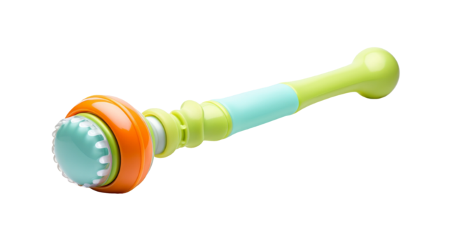 A whimsical green and orange toy creature resting on a blank canvas of white