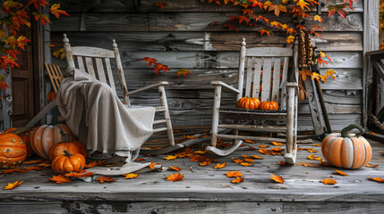 Empty Rocking Chairs on a Porch with Fall Decorations - obrazy, fototapety, plakaty