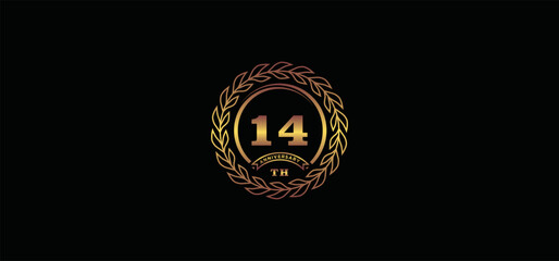 14st anniversary logo with ring and frame, gold color and black background