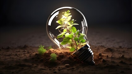 High-resolution 3D graphic of a glowing lightbulb as an energy-saving concept, together with themes of depleted soil, environment, high comfort costs, planet resources, innovation, lighting, electrici
