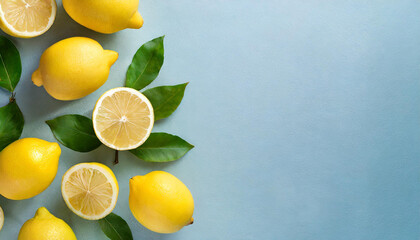 banner with lemons on a light blue background. Top view, flat lay with a big copy space. - obrazy, fototapety, plakaty