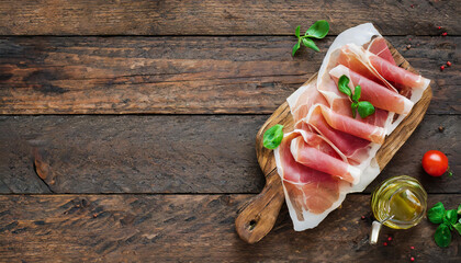 banner with prosciutto crudo slices on a vintage wood table background. Top view, flat lay with a big copy space