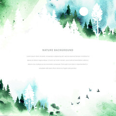 Watercolor summer vector template in green colors. Сoniferous forest, mountain, birds, sky and abstract watercolor vector splashes. Nature hand drawn frame with place for text