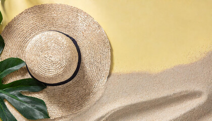Fototapeta na wymiar summer banner with only sand and straw hat on a light yellow background. Top view, flat lay with a big copy space.