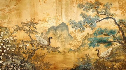 Chinoiserie style gold wallpaper. Luxury landscape wall mural. 