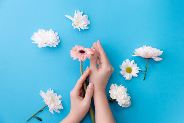 Top view beautiful sophisticated woman hands with white flowers on blue background. Concept organic...