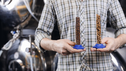 Brewer man hold caramel malt and hops in pellet for craft beer on background tank. Beverage quality control in brewing, Brewery factory