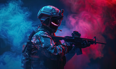 soldier amidst colorful smoke - obrazy, fototapety, plakaty