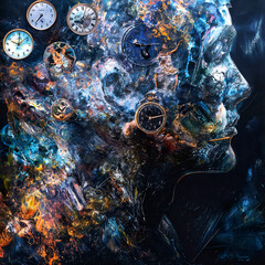 An abstract painting intertwines the cosmos with floating clocks and a fragmented face, creating a...