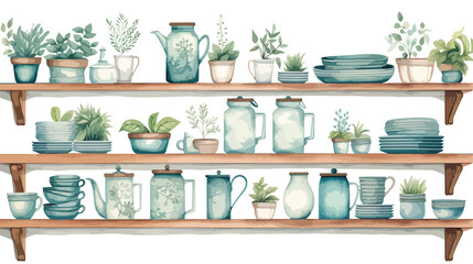 Watercolor Cottage Kitchen Shelf Flat vector  - obrazy, fototapety, plakaty