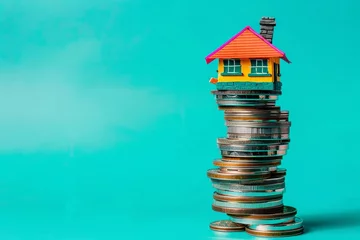 Zelfklevend Fotobehang A small, colorful house model placed on top of a towering stack of silver coins, symbolizing property investment, against a vibrant turquoise background. © Counter