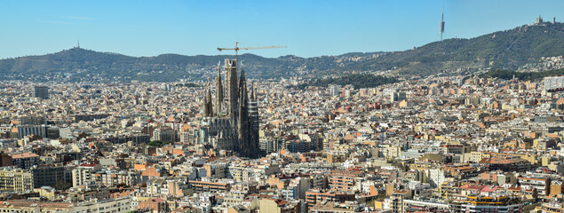 aerial panoramic view of Barclona with the sagrada familia in the centreage