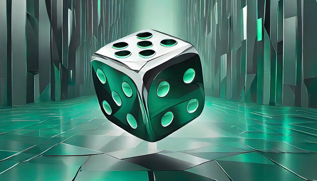 Illustration of a levitating dice with metallic silver and emerald green colors