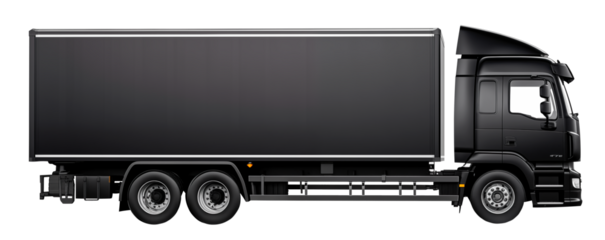 A black truck isolated on a white or transparent background. Mockup, close up of the truck, side view. Transporting various goods. Graphic design element.