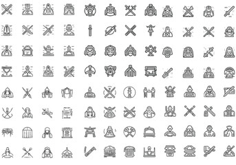 A sleek, linear set of contour icons representing various aspects of Samurai icon