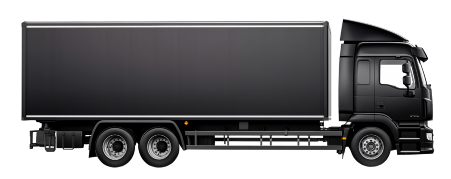 A black truck isolated on a white or transparent background. Mockup, close up of the truck, side view. Transporting various goods. Graphic design element.