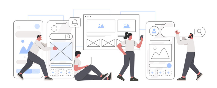 UI and UX concept. Designers creating and testing functional interface for mobile apps. Team characters working on web interface and app development. Vector illustration isolated on white background.