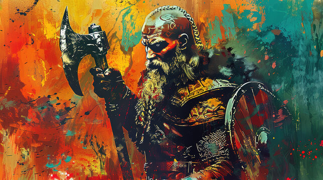 Viking fighter warrior with axe in mixed grunge colors style illustration.