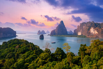 Sunset beautiful landscape of nature Thailand, Long tail boat with tourist on Hong tropical island and Phang Nga bay in turquoise sea, aerial view - obrazy, fototapety, plakaty