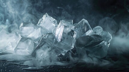 Cluster of Melting Geometric Ice Cubes on a Reflective Surface with Rising Smoke - obrazy, fototapety, plakaty