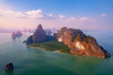 Beautiful nature of Thailand, sunset landscape Hong tropical island and Phang Nga bay in turquoise...