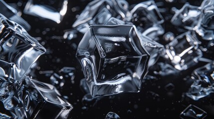 Abstract Arrangement of Geometric Ice Cubes Set Against a Dark, Sparkling Background