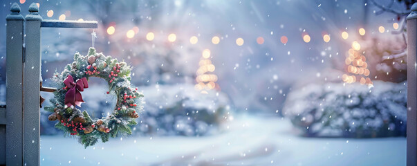 A small, festive wreath hanging on a snowy gate, with a softly blurred background of a wintry...