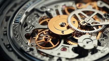 Fototapeta na wymiar Stainless steel gear wheel mechanism of watch engine. Clock mechanism where each gear is intricately.