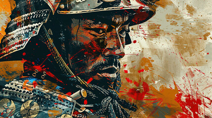 Samurai fighter warrior in mixed grunge colors style illustration.