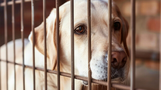 Labrador dog behind bars looking out with longing, representing the need for pet adoption.