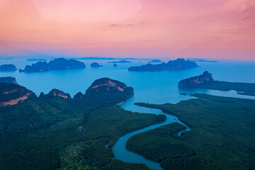 Beautiful aerial view nature landscape of Thailand, amazing sunset Phang Nga bay and Hong tropical island