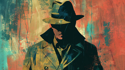 detective, secret agent, spy, gangster, mafia or villain in mixed grunge colors style illustration. - obrazy, fototapety, plakaty