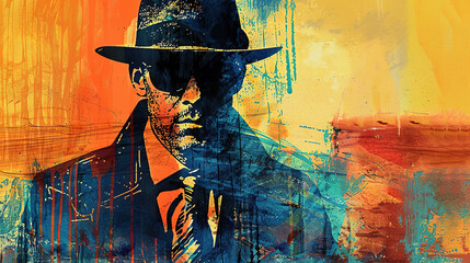 detective, secret agent, spy, gangster, mafia or villain in mixed grunge colors style illustration. - obrazy, fototapety, plakaty